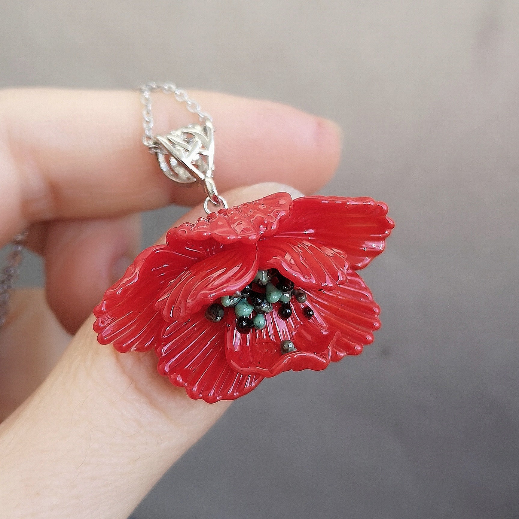 Red Poppy Chain Necklace Handmade Lampwork Flower Pendant Etsy