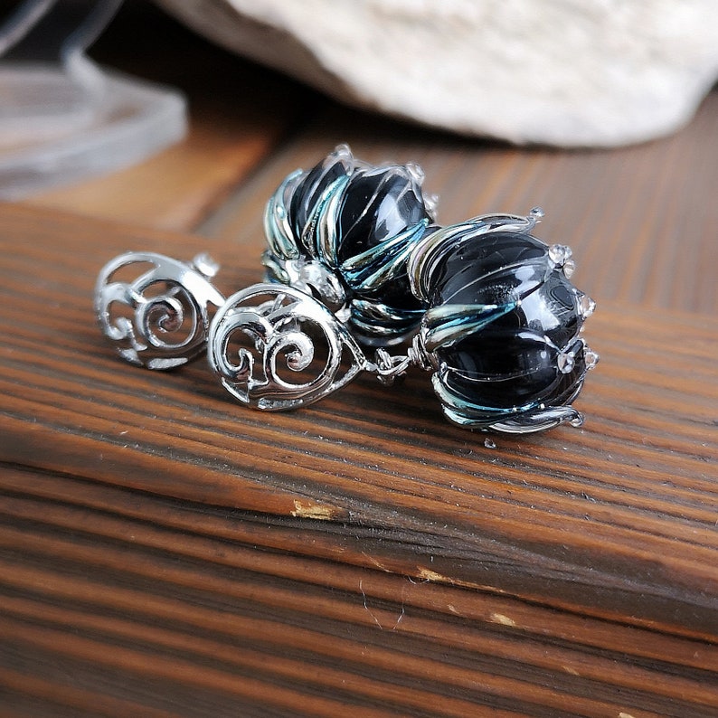 Floral Earrings Solid Brass Silver Earrings Black Earrings Handmade Earrings Silver Black Posts Earrings