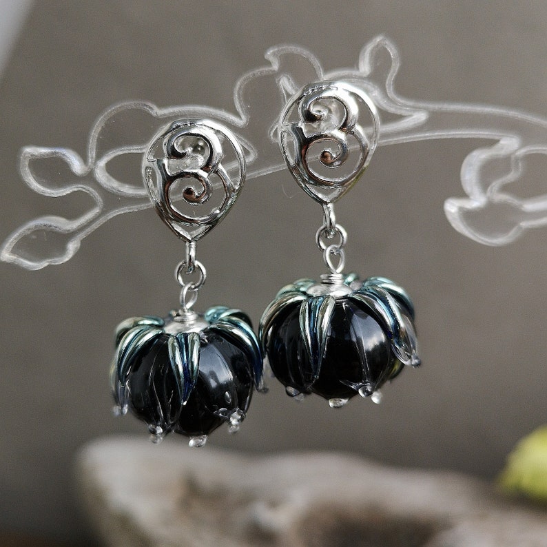 Floral Earrings Solid Brass Silver Earrings Black Earrings Handmade Earrings Silver Black Posts Earrings
