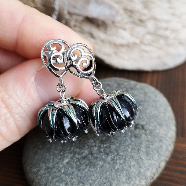 Floral Earrings Solid Brass Silver Earrings Black Earrings Handmade Earrings Silver Black Posts Earrings