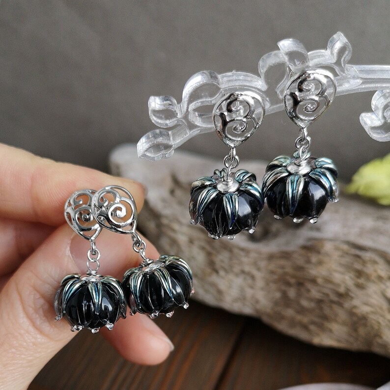 Floral Earrings Solid Brass Silver Earrings Black Earrings Handmade Earrings Silver Black Posts Earrings