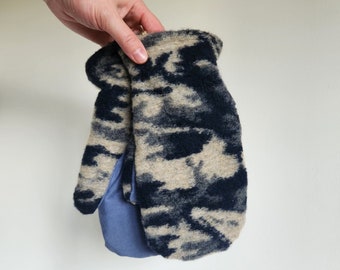 Wool Mittens Navy Abstract Camo, Large, Winter Mittens, Soft and Warm, Cozy, Quality, Handmade, Sweater Mittens with Fleece Lining, Gloves