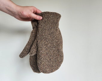 Wool Mittens Brown Herringbone-Large