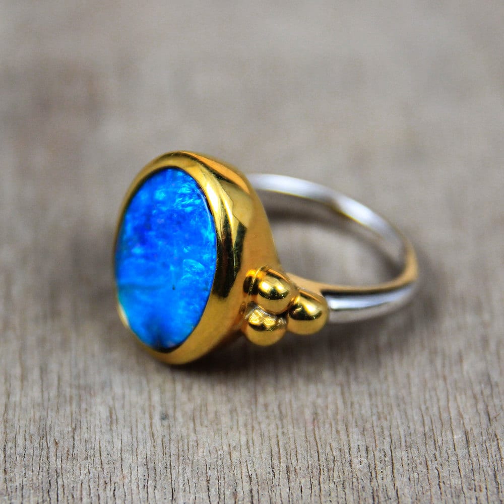 Feminine Blue Opal Ring in 18K Yellow Gold over Silver Unique | Etsy