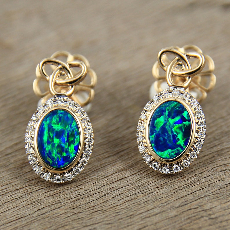 Sparkling Black Opal & Diamond Earrings 14K Yellow Gold | Etsy