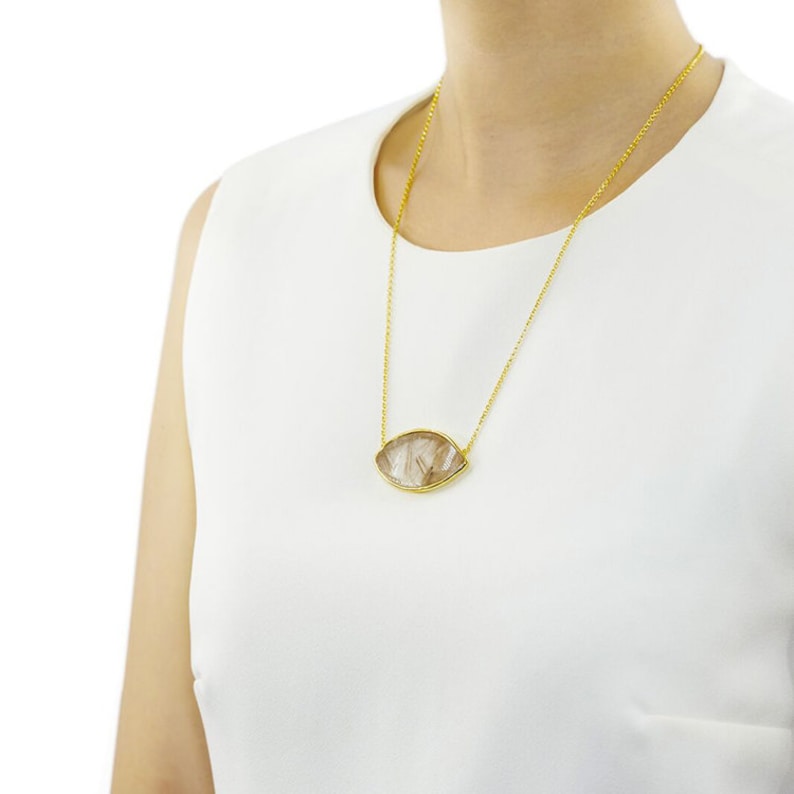 Handmade jewelry Gift Quartz Crystal Unique Necklace 65.5 Ct Evil eye Protective stone pendant 14K Yellow Gold Vermeil Layering necklace