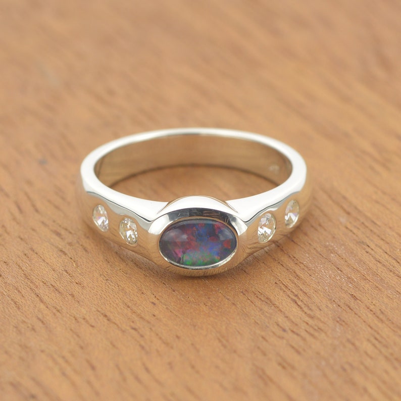 7x5mm Australian Black Opal Ring w/ 0.0828ct White Cz Accents | Etsy