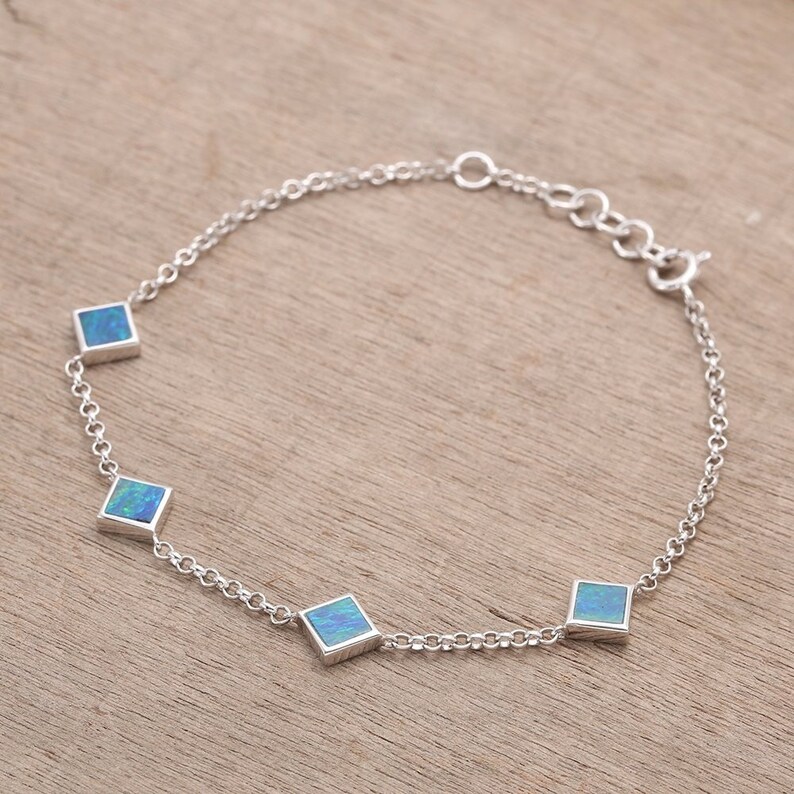 Blue Green Square Opal Bracelet 925 Sterling Silver 3.70 grams SKU BRC1995-1-925