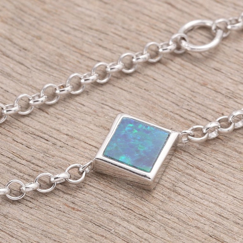 Blue Green Square Opal Bracelet 925 Sterling Silver 3.70 grams SKU BRC1995-1-925