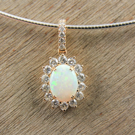 Delicate White Opal Diamond Pendant K Yellow Gold Natural Etsy