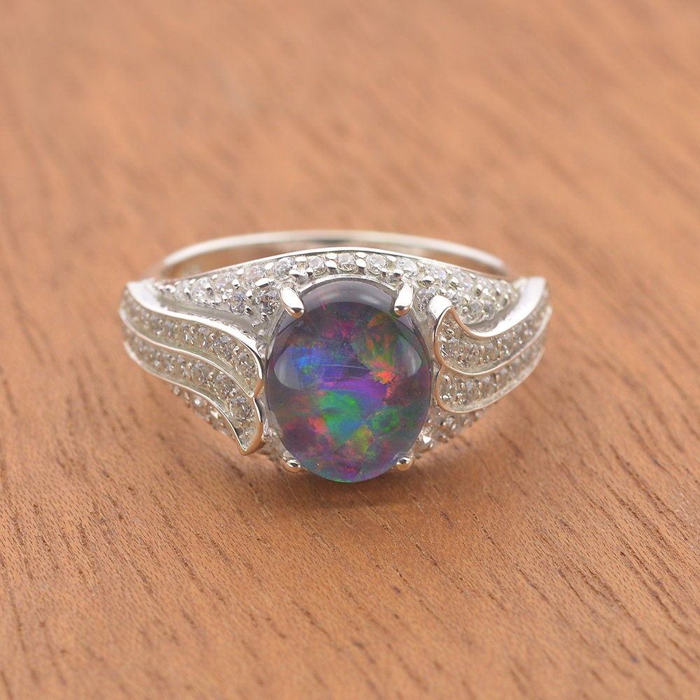 10x8mm Australian Black Opal Ring w/ 0.67ct CZ in 925 Sterling | Etsy