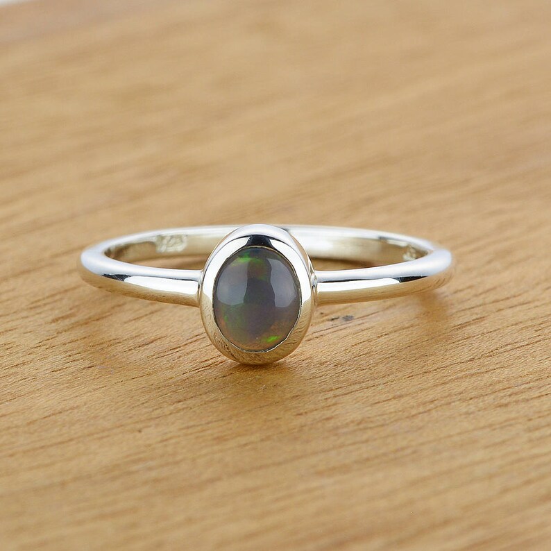 Black Opal Minimalist ring 0.38ct Bezel set Oval Opal Ring | Etsy