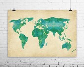 Watercolor World Map Art Print - Green Blue Earthy Jewel-toned Painting Print - World Globe Travel Art Dorm Decor - SKU: 001-G