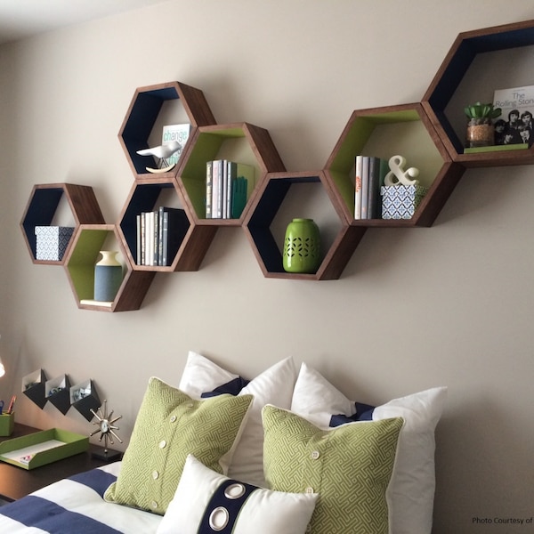 Hexagon Floating Shelves, Honeycomb Shelf, Home Decor, Gift Idea for Him, Mother's Day, MCM Modern, Minimalist, Midcentury, 3 Grande Shelves
