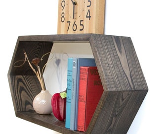 Floating Hexagon Bookshelf Bedside Table, Honeycomb, Modular Shelf, Midcentury, Decor Storage, Entryway Shelving Housewarming Wedding Idea