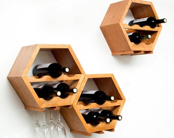 Wood Wine Rack Kitchen, Storage Gift Idea, Honeycomb Hexagon Modern, Christmas, Gift, Holiday, Shopping, Unique Custom Handcrafted Set of 3