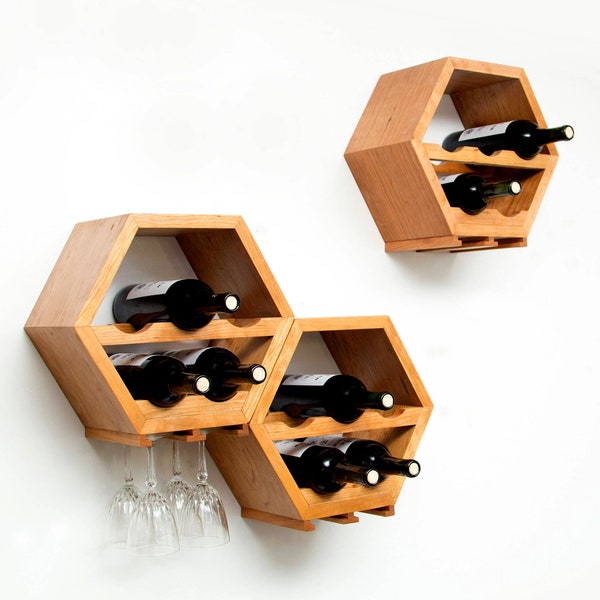 Wood Wine Rack Kitchen, Storage Gift Idea, Honeycomb Hexagon Modern, Christmas, Gift, Holiday, Shopping, Unique Custom Handcrafted Set of 3