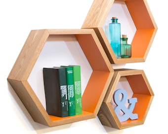 Wood Hexagon Shelves, Wood Wall Shelf, Modular Storage, Mid Century Modern, Wood Shelving, Gift Idea, 3 Nesting Honeycomb Shelving, MCM