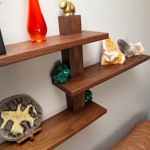 Walnut Floating Shelf, Minimalist Wood Wall Shelves, Mid Century Modern Furniture, Art Deco Gift Idea, Rock Crystal Display Shelving,