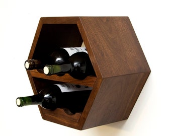 Unique Hexagon Wine Rack Hanging Kitchen Storage Mid Century Modern Christmas Gift Holiday Shopping Geometric Wall Decor Wooden