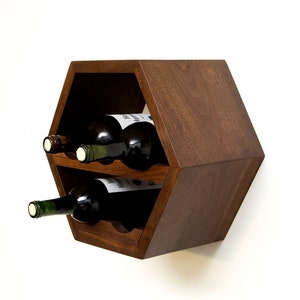 Unique Hexagon Wine Rack Hanging Kitchen Storage Mid Century Modern Christmas Gift Holiday Shopping Geometric Wall Decor Wooden