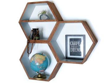 Geometric Wood Shelves, MidCentury Modern Shelf, Christmas, Gift, Holiday, Shopping, Floating Book Case, Hexagon Shelf, Books, 3 XL Shelves