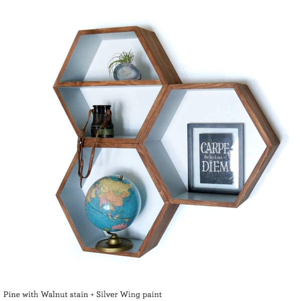 Geometric Wood Shelves, MidCentury Modern Shelf, Christmas, Gift, Holiday, Shopping, Floating Book Case, Hexagon Shelf, Books, 3 XL Shelves