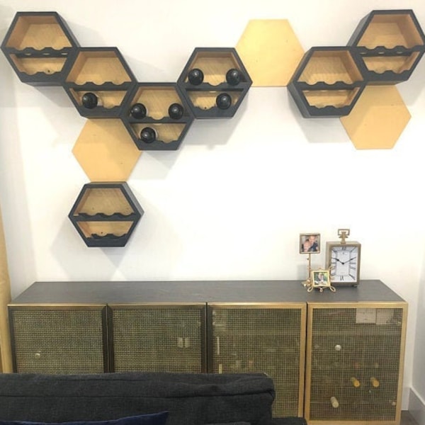 Wood Wine Rack Kitchen, Storage Gift Idea, Honeycomb Hexagon Modern Gift, Unique Custom American Made, Wedding Present, Handcrafted Set of 3