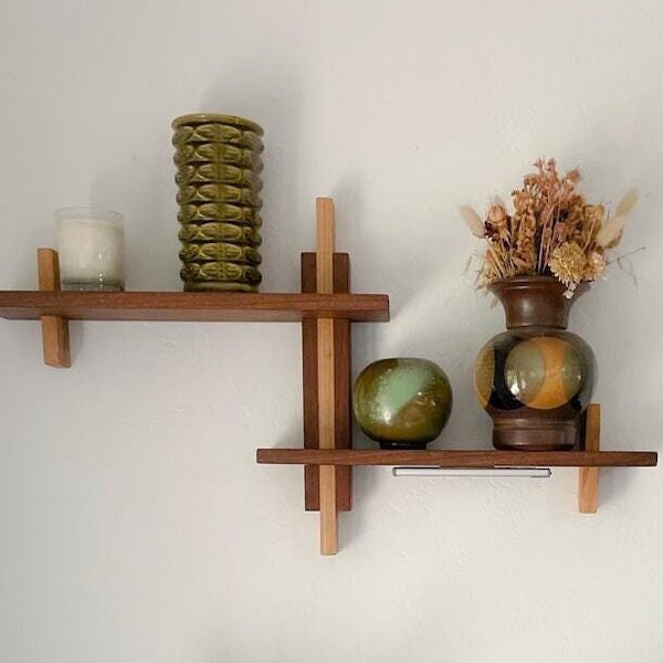 Mid Century Modern Floating Shelf, Ash & Walnut Wood Shelf, Handmade Wall Shelf, Minimalist Wall Decor, Art Display Shelf