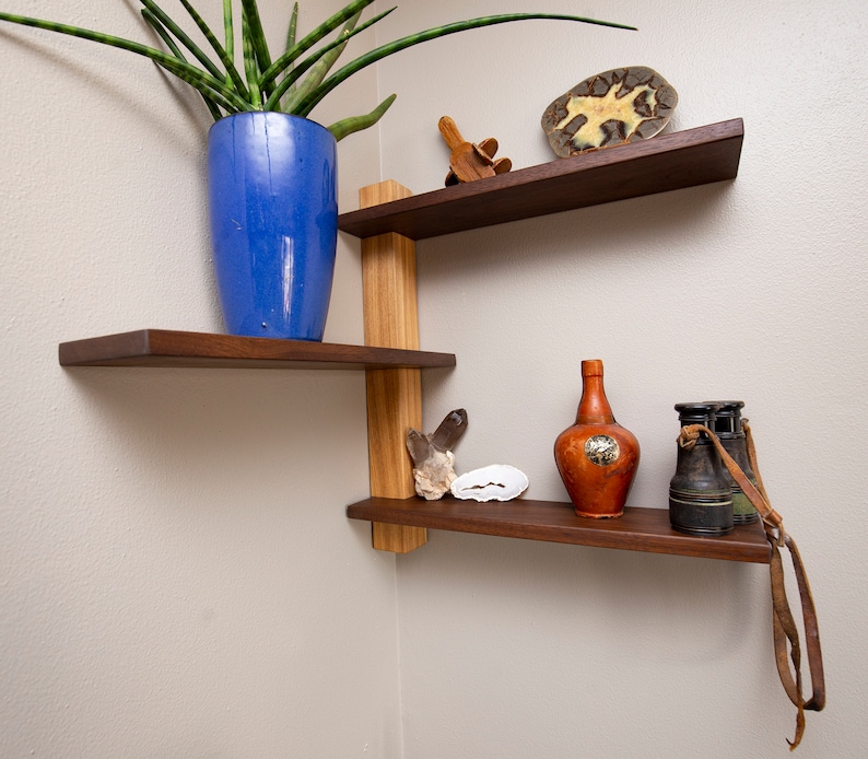 Floating Shelf, Unique Corner Shelf, Dutch Modern, Mid Century, MCM, Minimal Wall Shelf, Modern Shelves, Christmas, Gift, Holiday, Shopping Ash / Walnut Combo