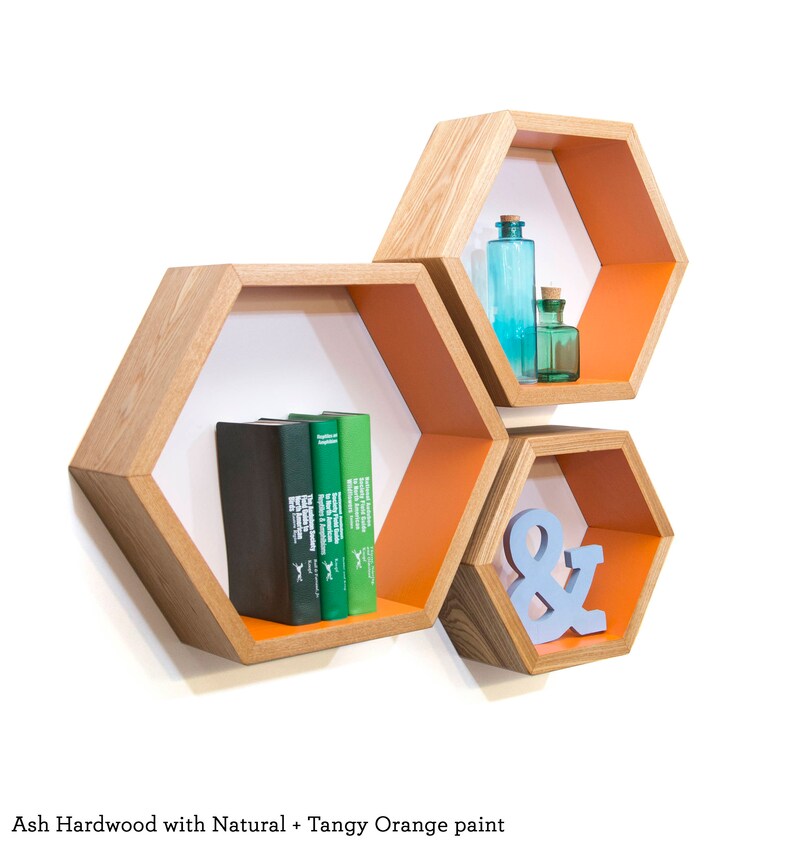 Wood Hexagon Shelves White Wall Image 0