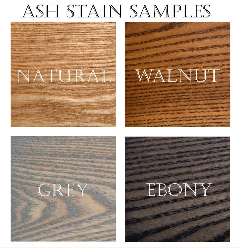 May include: Four wood samples stained in different colours: natural, walnut, grey, and ebony. The samples are arranged in a grid.