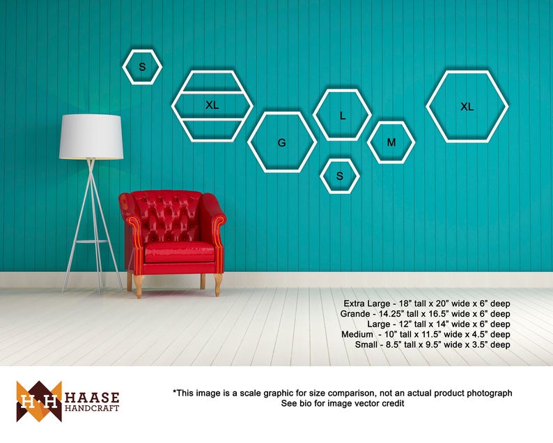 May include: A size chart for hexagonal wall shelves in various sizes, including extra large, grande, large, medium, and small. The chart shows the dimensions of each size in inches, including height, width, and depth. The chart is displayed on a teal wall with a red armchair in the foreground.