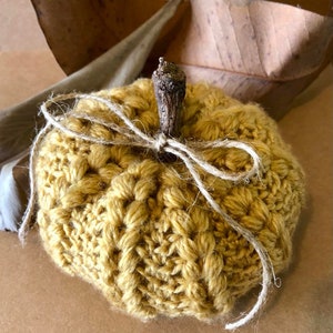 May include: A crocheted pumpkin in a mustard yellow color with a twig stem and a twine bow.