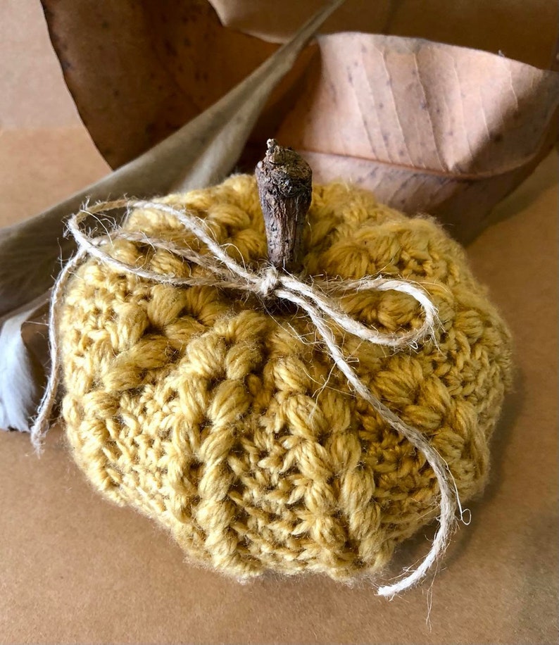May include: A crocheted pumpkin in a mustard yellow color with a twig stem and a twine bow.