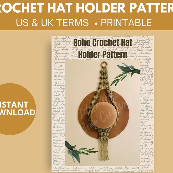 Boho Crochet Hat Holder, hat hanger, macramé look, natural Digital Pattern