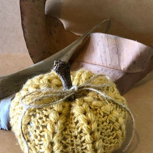 May include: A crocheted pumpkin in a yellow color with a twig stem and twine tied around the stem. The pumpkin is sitting on a brown surface.