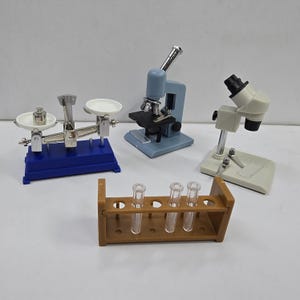 Può includere: Una collezione di attrezzature da laboratorio scientifico in miniatura, tra cui una bilancia, due microscopi e un portaprovette con provette. Gli articoli sono in vari colori, tra cui blu, argento e marrone.