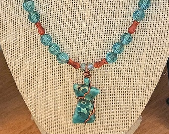 Goddess Necklace Teal Crystal Sunstone Ceramic Wire Wrapped Copper Free shipping in US