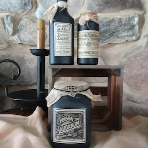 Halloween kitchen decor, witch bottles jars, potion, vintage apothecary, spooky, handmade Halloween prop, hex spirit bottles, image 1