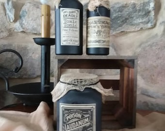 Handmade Halloween Apothecary Potion Bottles, Set of 3 Distressed Witch Decor