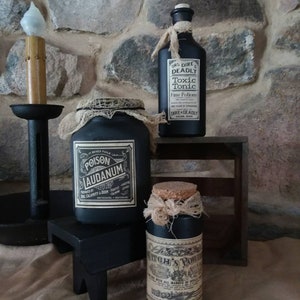 Halloween kitchen decor, witch bottles jars, potion, vintage apothecary, spooky, handmade Halloween prop, hex spirit bottles, image 6
