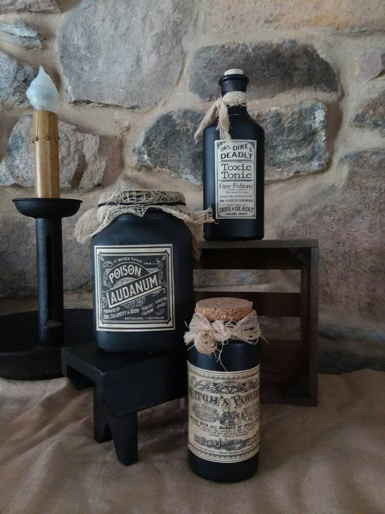 Halloween kitchen decor, witch bottles jars, potion, vintage apothecary, spooky, handmade Halloween prop, hex spirit bottles, image 6