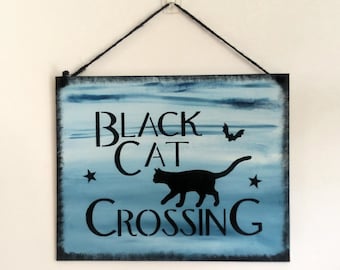 Black Cat home decor, cat crossing, painted canvas sign, wall art, boho country, Witch gift for cat mom person, purple, gray or blue,