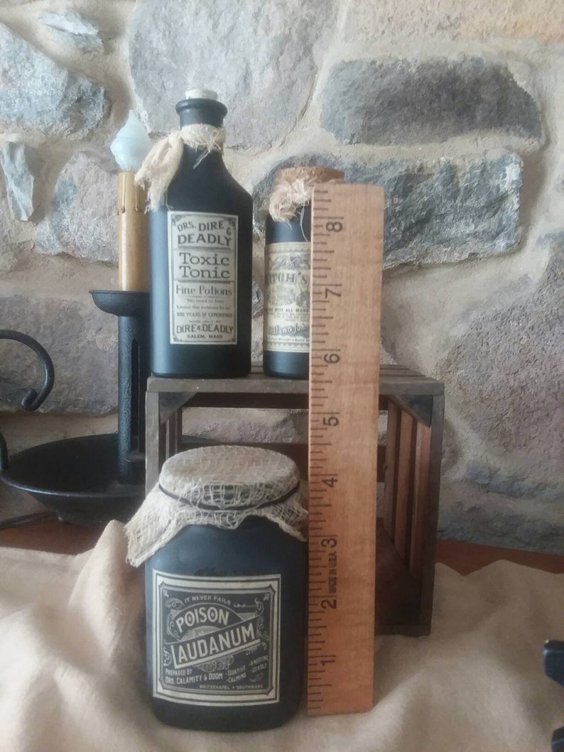 Halloween kitchen decor, witch bottles jars, potion, vintage apothecary, spooky, handmade Halloween prop, hex spirit bottles, image 8