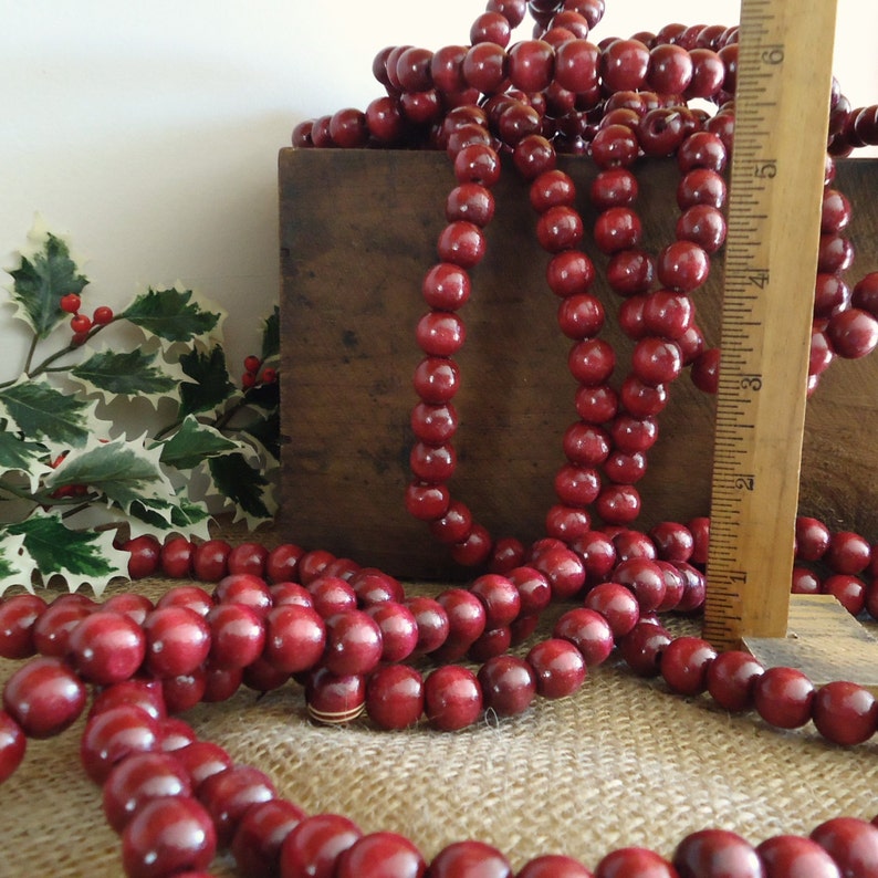 vintage Christmas rustic garland for tree Country primitive Christmas decor red wood bead garland