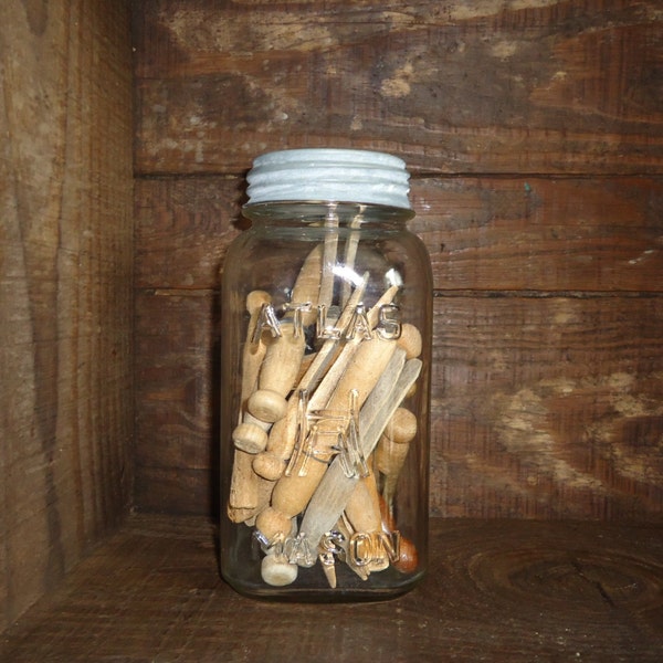 Laundry Room Decoration, Vintage canning jar with clothespins, Lamb, Atlas or Ball Mason