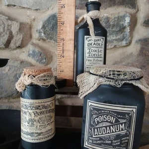 Halloween kitchen decor, witch bottles jars, potion, vintage apothecary, spooky, handmade Halloween prop, hex spirit bottles, image 2