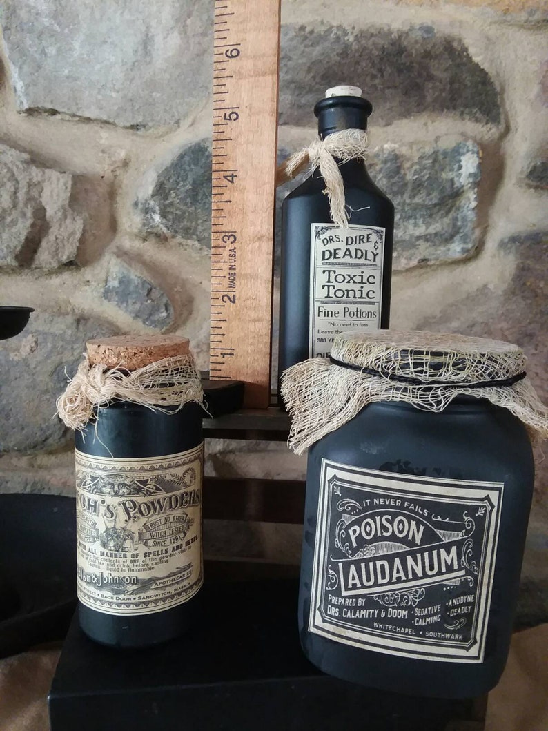 Halloween kitchen decor, witch bottles jars, potion, vintage apothecary, spooky, handmade Halloween prop, hex spirit bottles, image 2