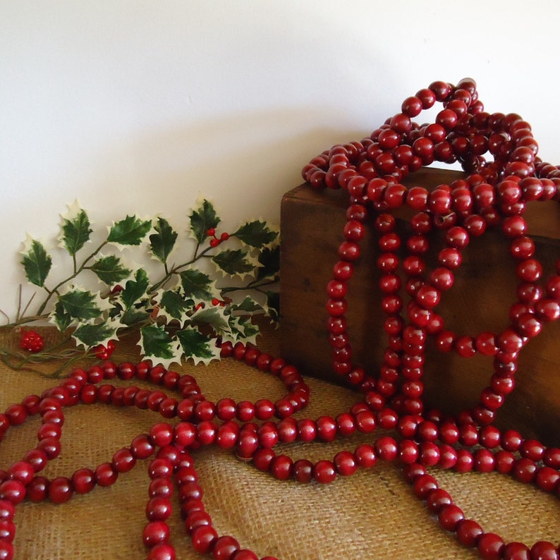 vintage Christmas rustic garland for tree Country primitive Christmas decor red wood bead garland